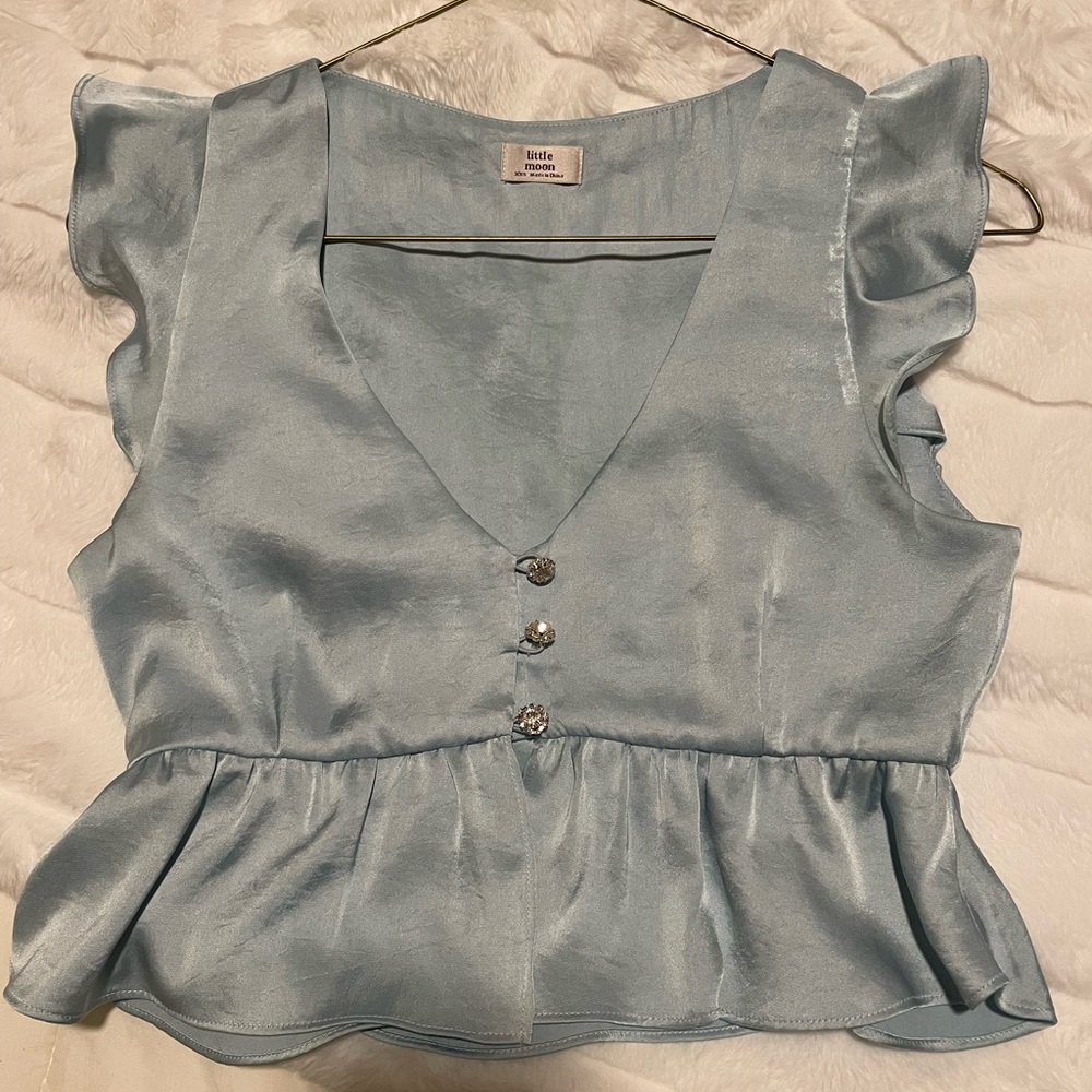 Aritzia Little Moon Sky Blue Satin Blouse